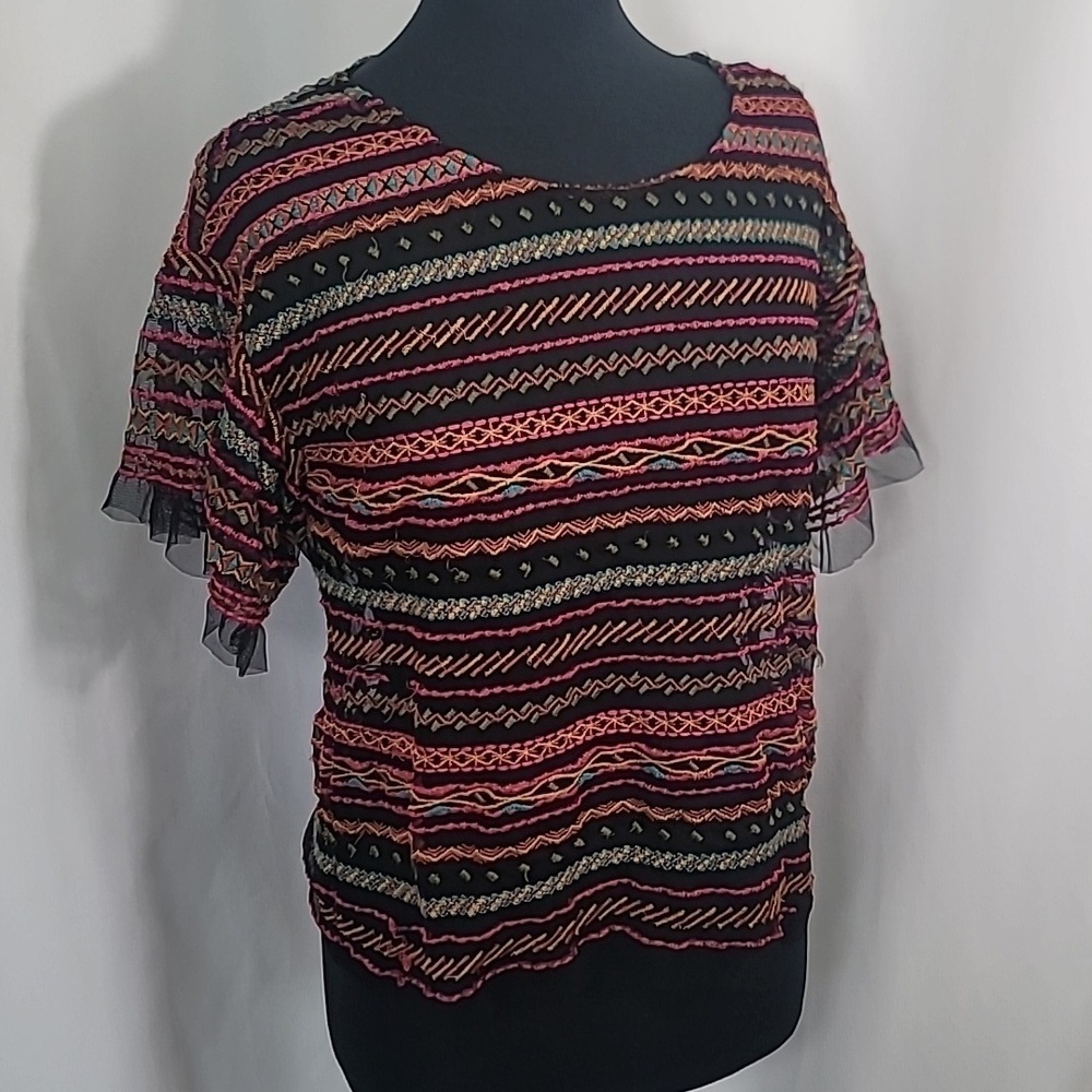 MAEVE Embroidered Sheer Flutter Sleeve Crewneck Blouse Top Bright Detailed